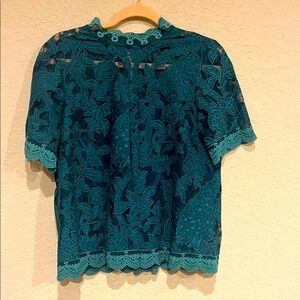 Anthro HD in Paris Lace Embellished Blouse with Short Sleeves